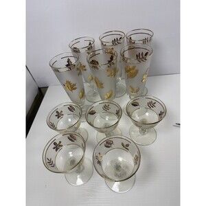 Set of 11 Vintage 60's Libbey Golden Foliage Leaf Cocktail And Pilsner Glasses